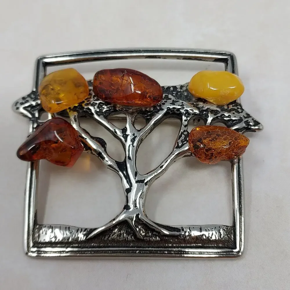 Natural Amber Tree of Life Brooch Silver Tone 1.5